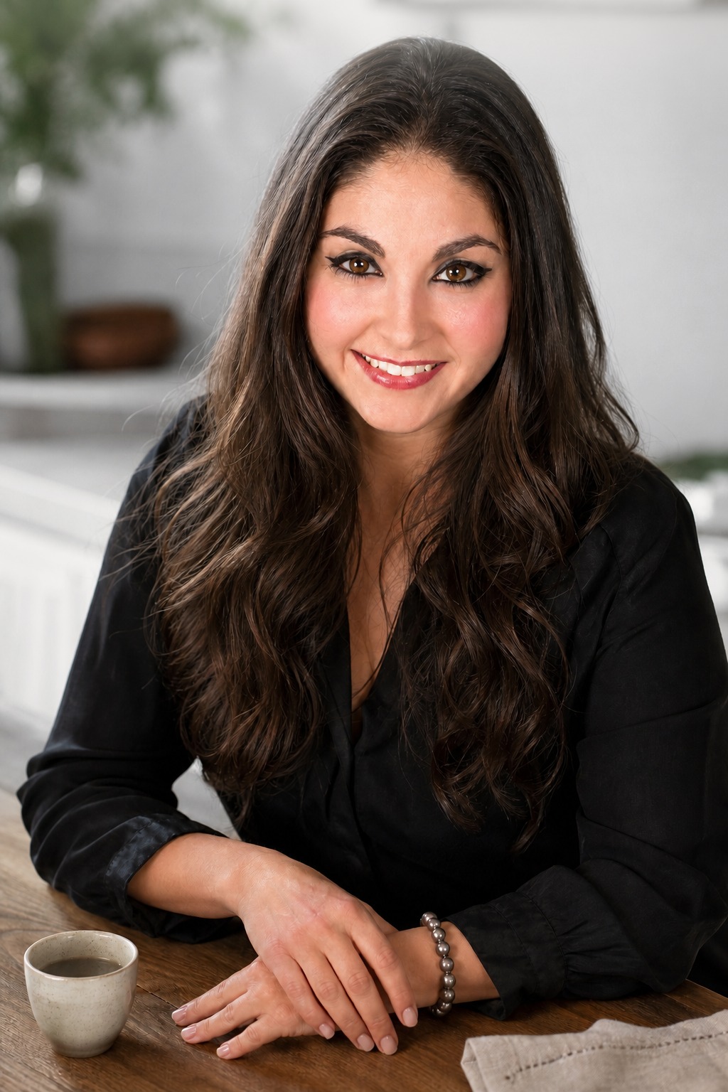 Dr. Nina Rocca seated at a warm wooden kitchen table with an espresso cup, smiling