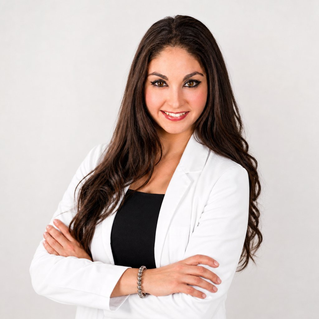 Dr. Nina Rocca in her white clinician's coat, arms softly crossed