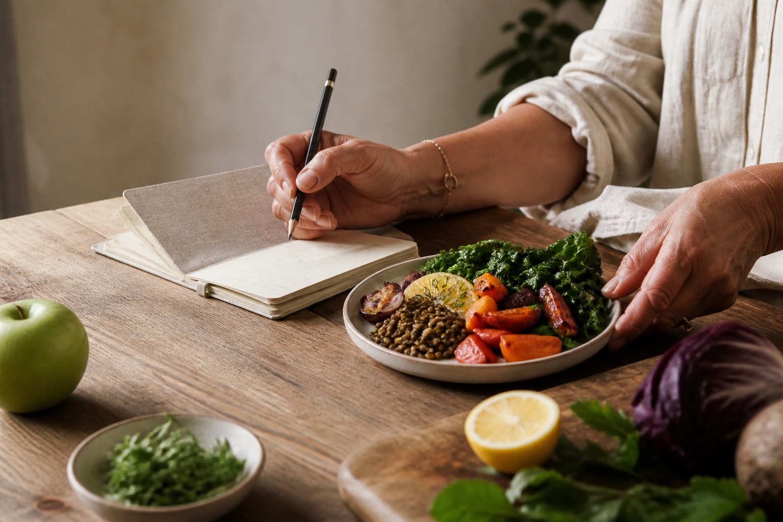 A woman’s hands making notes beside a colorful meal, translating nutrition guidance into an everyday plan