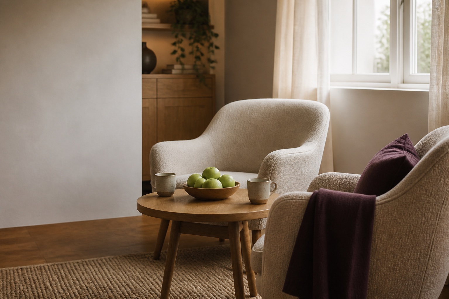 Two comfortable chairs beside a small table set with two cups and a bowl of green apples