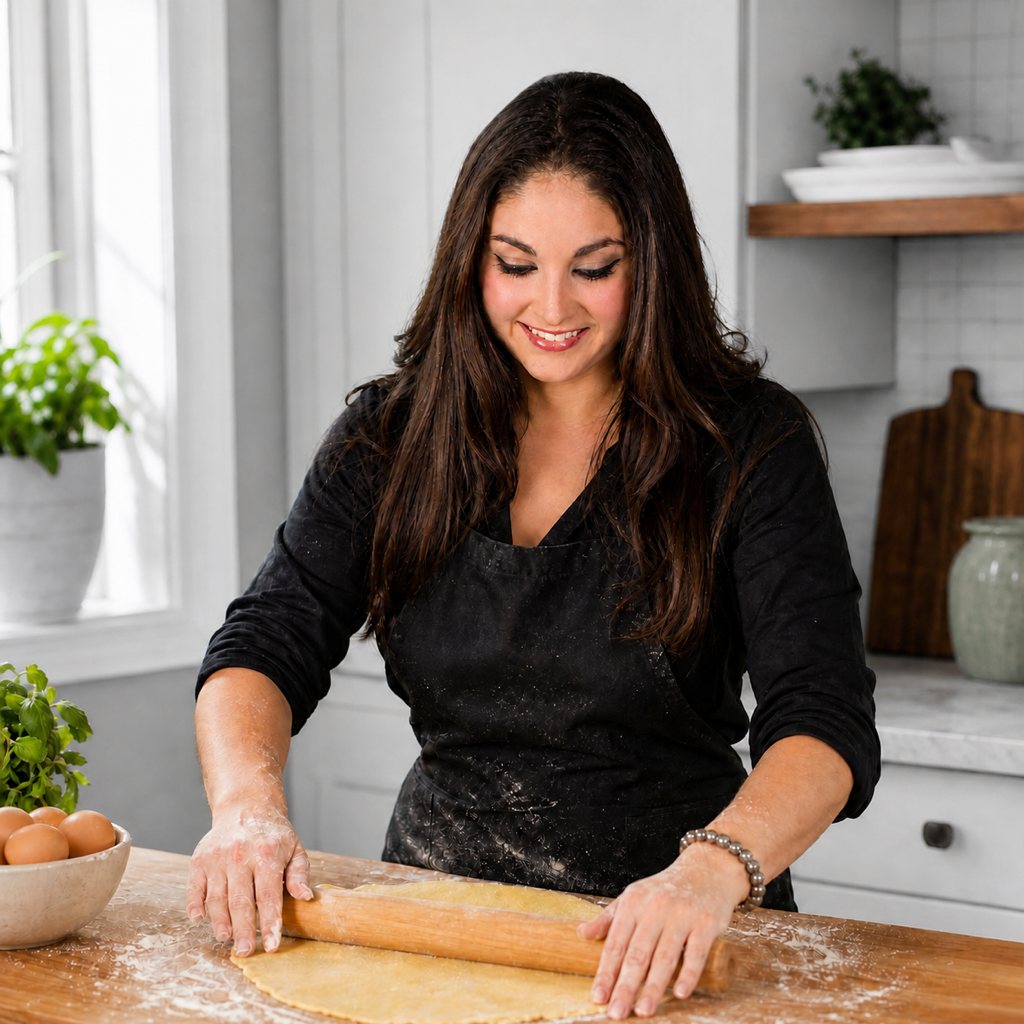 Dr. Nina rolling fresh pasta dough by hand on a flour-dusted wooden counter