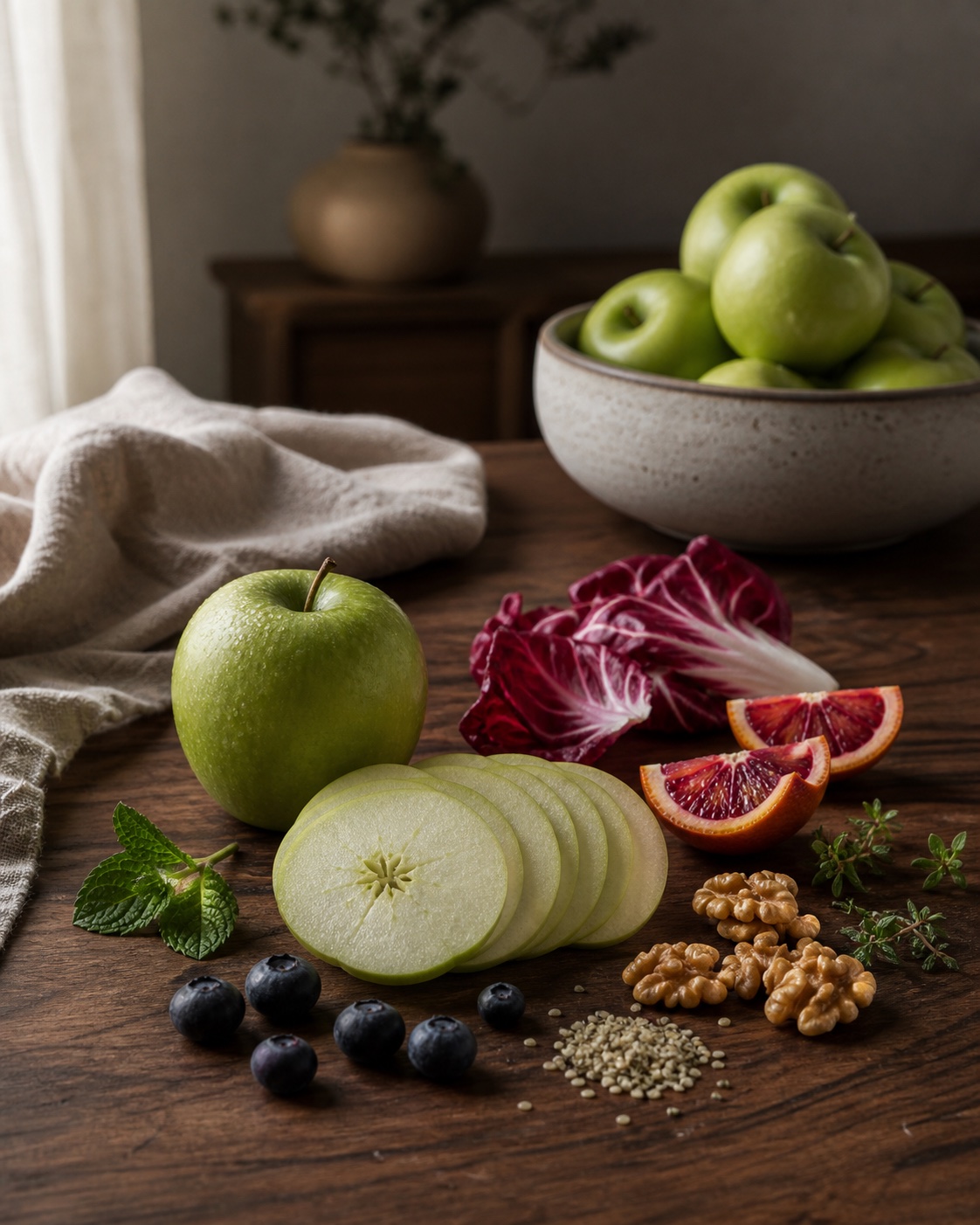 Granny Smith apples and colorful whole foods arranged on a warm wooden table