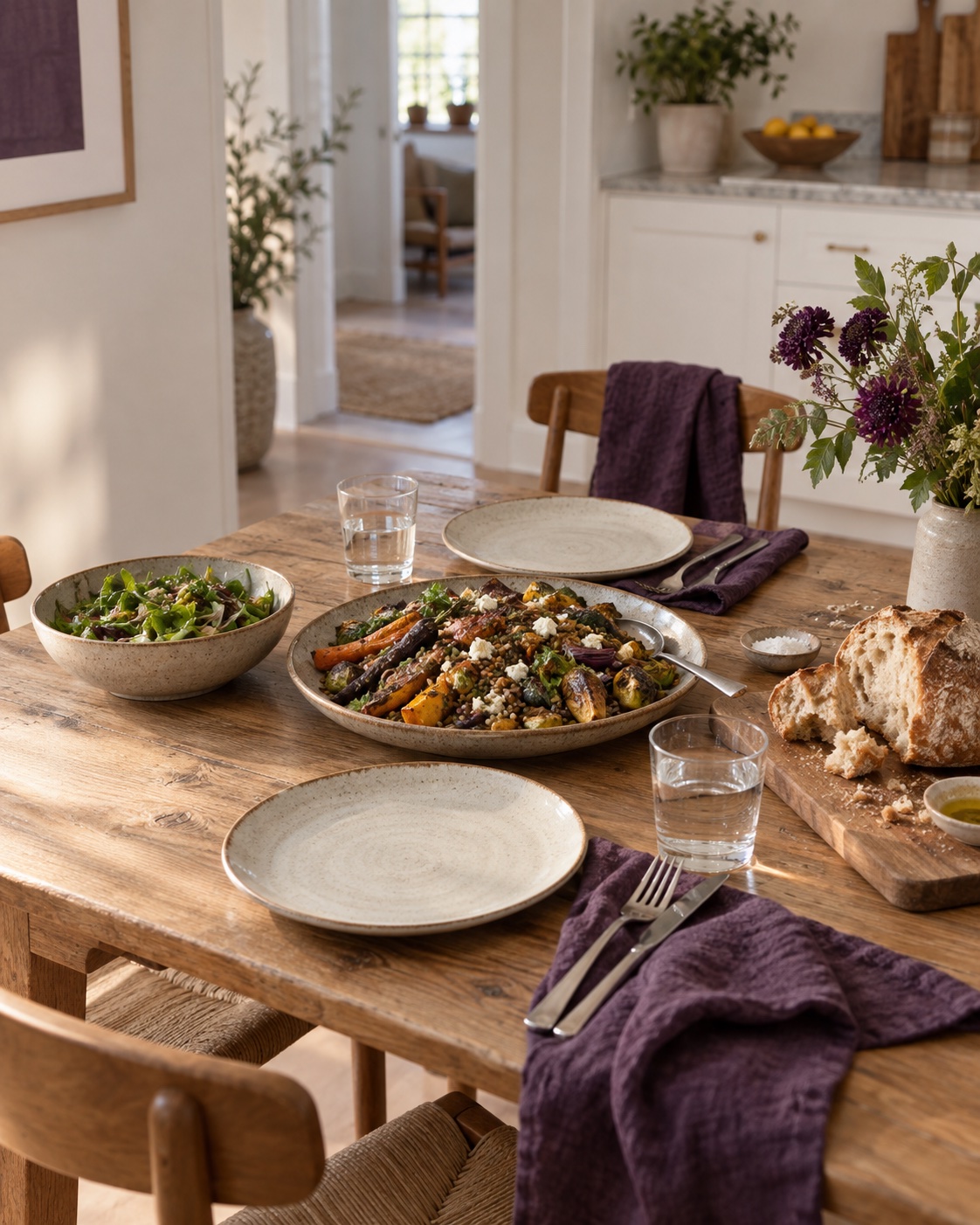 A shared table set with roasted vegetables, greens, and bread
