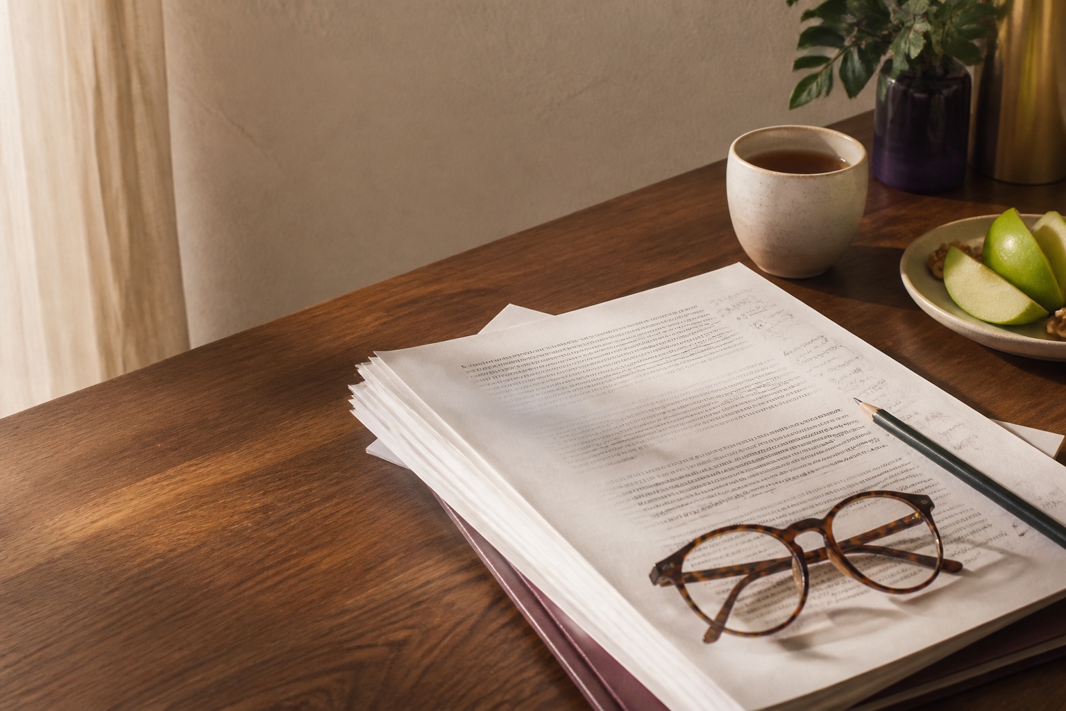 Printed research pages, reading glasses, tea, and sliced green apple on a warm wooden desk