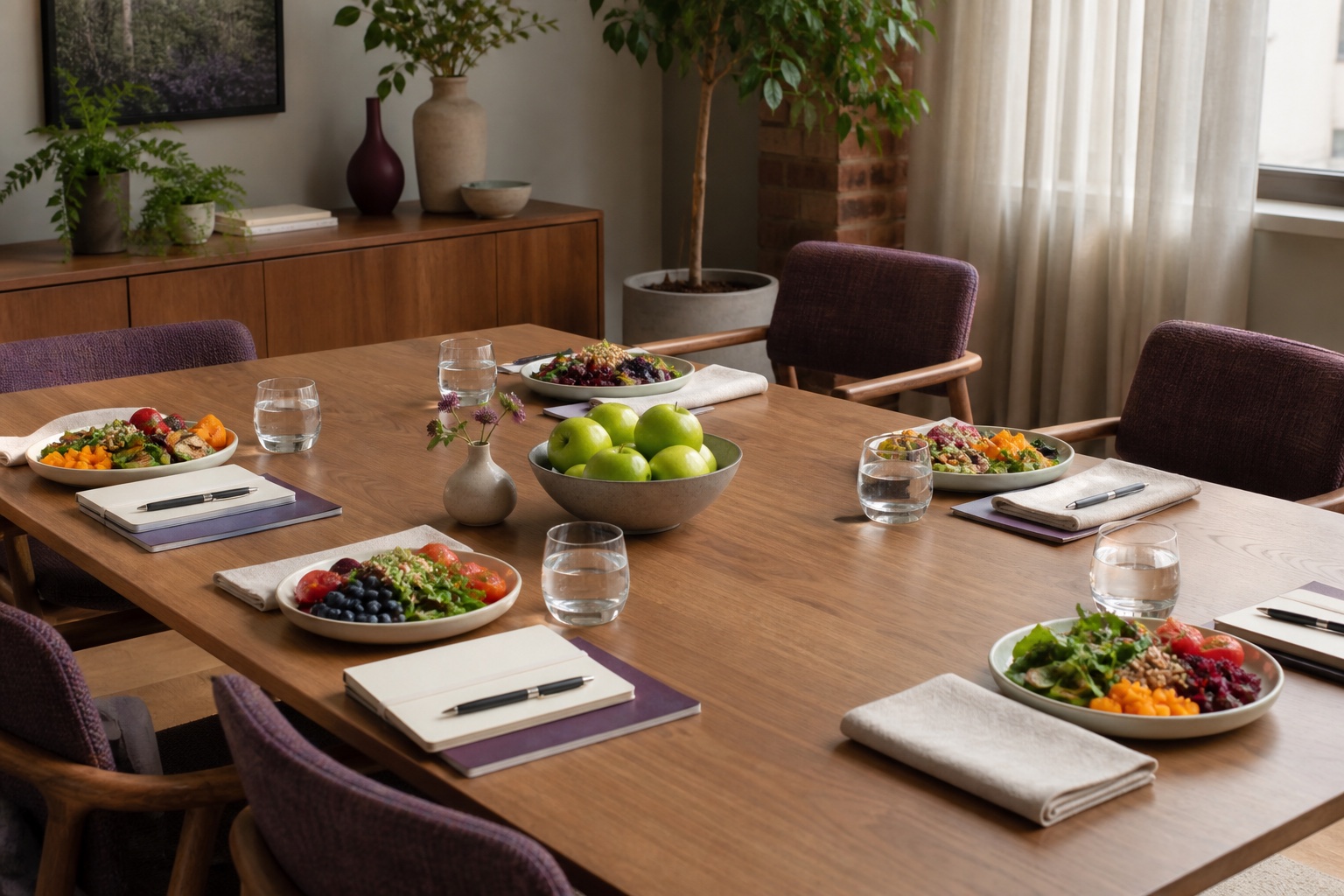 Six places set with notebooks, water, colorful food, and a bowl of green apples for a small-group session