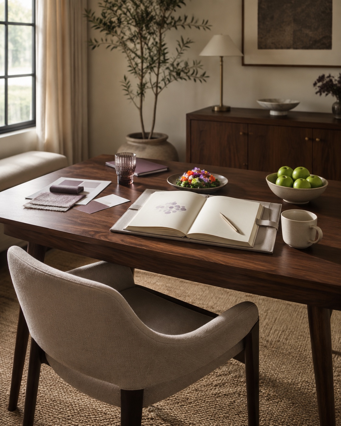 A welcoming place prepared at a warm wooden table with an open notebook, tea, green apples, and colorful food